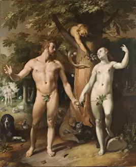 Print of Adam and Eve standing in front of the tree, surrounded by various animals