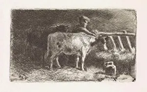 Small Farm Animals Prints: Farmer between two cows in a stable (small version), Jan Vrolijk, 1860 - 1894