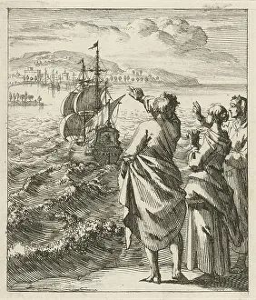 Prints of Three figures wave goodbye to a sailing ship On the other side, it is Blessed Land, sailing ship, sailing boat, waving farewell, departure on a journey, Jan Luyken, Amsterdam, 1689, paper, etching Jan Luyken Prints: Three Figures Print, Etching on Paper