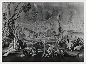 Harbor Scene Painting Prints: Harbor scene figures resting