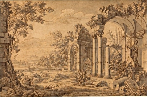 Johann Oswald Harms (German, 1643 - 1708), Landscape with a Draftsman among Ancient Ruins Johann Oswald Harms (German, 1643 - 1708), Landscape with a Draftsman among Ancient Ruins