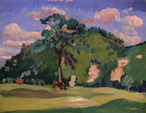 Landscape with a Grazing Horse Signed in pencil, lower right: J D Innes" Landscape with a Grazing Horse Signed in pencil, lower right: J D Innes"