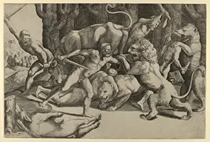 Renaissance Battle Scene Prints: Five men fighting beasts, lower left, fallen boar, Master, Die, Italian, active Rome, ca