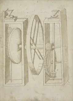 Renaissance Architecture Drawings Prints: Two mills wheel Edificij et machine MS Martini