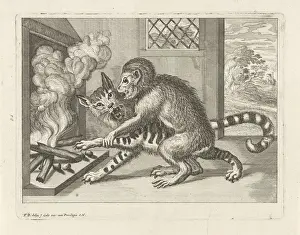 Monkey forces cat to remove chestnuts from the fire Print