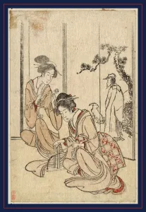 Motoyui o tsukuru musume, , artist, 1799., 1 print : woodcut, color ; 12.9 x 8.4 cm Motoyui o tsukuru musume, , artist, 1799., 1 print : woodcut, color ; 12.9 x 8.4 cm