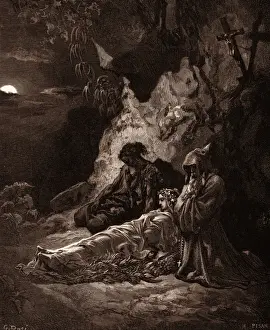 Gustave Dore Style Prints: MOURNING BY MOONLIGHT, BY GUSTAVE DORE, 1832 - 1883, French. Engraving for the Bible