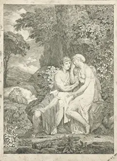 Framed Print : Orpheus comforts Eurydice Print, Etching on Paper