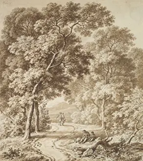 Late 18th Century Drawings Prints: Path Bordered Trees two Beggars Couple Strolling