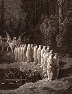 Nineteenth Century Woodcuts Prints: The Procession of the Elders, by Gustave Dore