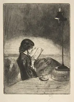 Fine Art Etchings Prints: Reading Lamplight 1859 Etching drypoint third state