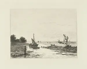 Sailing Ship Silhouette Prints: River view, print maker: Jacob van Rees, 1869 - 1928