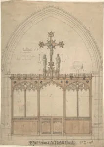 Rood screen Panfield church 1898 Pen ink graphite Rood screen Panfield church 1898 Pen ink graphite