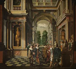 Print of A Gallery in a Palace with Ornamental Architecture and Statues