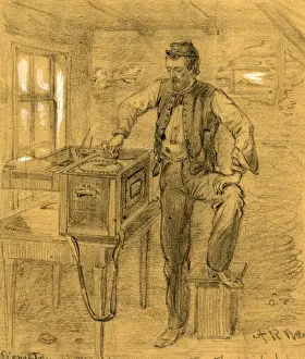 American Civil War Illustrations Prints: Signal Telegraph Machine and operator, Fredericksburg, 1862 ca. December, drawing