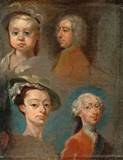 Oil On Canvas Portraits England Prints: Studies of Heads, Attributed to William Hogarth, 1697-1764, British