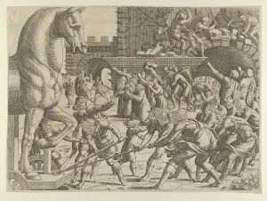 Trojans Bring Wooden Horse City 1535-55 Etching Trojans Bring Wooden Horse City 1535-55 Etching