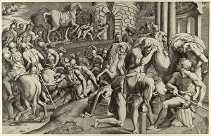 Trojans hauling Wooden Horse Troy 1545 Engraving Trojans hauling Wooden Horse Troy 1545 Engraving