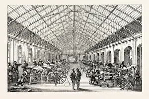 Engraved Vintage Illustration Prints: Universal Exposition: Workshop mecanical presses. Paris, France, Exposition Universelle
