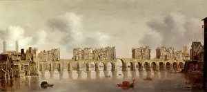 17th Century Architecture Prints: View of London Bridge Signed and dated, lower left: C. D. Jongh, Fexit 1632