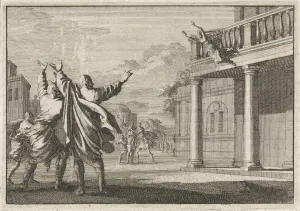 Widow of Pheroras trying to commit suicide by leaping down to the street, Jan Luyken Widow of Pheroras trying to commit suicide by leaping down to the street, Jan Luyken