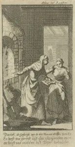 Two women retrieve a book undamaged from the fire, print maker: Jan Luyken, Dating 1691 Two women retrieve a book undamaged from the fire, print maker: Jan Luyken, Dating 1691