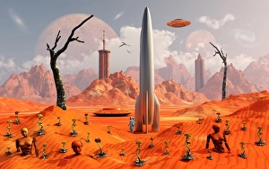 A 1950s style scene showing a rocketship on a red planet A 1950s style scene showing a rocketship on a red planet