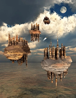 Space Art Illustration Prints: Advanced technology used to create anti-gravity floating cities