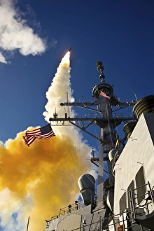The Aegis-class destroyer USS Hopper launching a standard missile 3 Blk IA in Kauai The Aegis-class destroyer USS Hopper launching a standard missile 3 Blk IA in Kauai