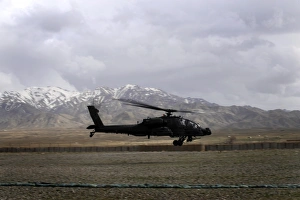 An AH-64A Apache taking off from Forward Operating Base Gardez in Afghanistan An AH-64A Apache taking off from Forward Operating Base Gardez in Afghanistan