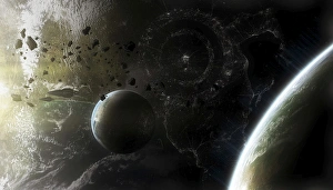 Two alien destroyer vessels patrol the orbit of their immensely large homeworld Two alien destroyer vessels patrol the orbit of their immensely large homeworld