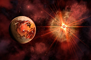 Outer Space Illustration Prints: An alien exoplanet orbiting its distant sun
