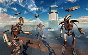 An alien being with giant robots at the Area 51 top secret base in Roswell An alien being with giant robots at the Area 51 top secret base in Roswell