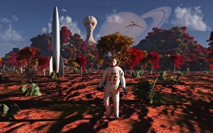 An alien being watches a human astronaut on an alien world An alien being watches a human astronaut on an alien world