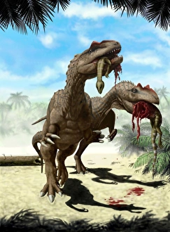 Two Allosaurus with a Hypsilophodon in mouth as next meal Two Allosaurus with a Hypsilophodon in mouth as next meal