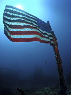 American flag on a sunken ship in Key Largo, Florida American flag on a sunken ship in Key Largo, Florida