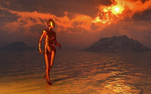 Artificial Intelligence Concept Art Prints: An android robot walking along a deserted shoreline