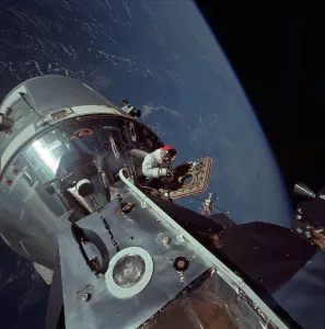 Apollo 9 Mission Prints: Apollo 9 Command and Service Modules and Lunar Module with Earth in background
