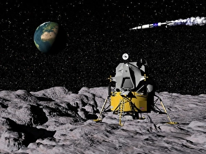 Space Travel Illustration Prints: Apollo on surface of moon, with Saturn V rocket in the background