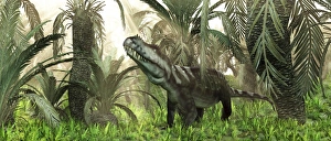 An archosaur wanders amidst cycads and ferns in a prehistoric swamp An archosaur wanders amidst cycads and ferns in a prehistoric swamp