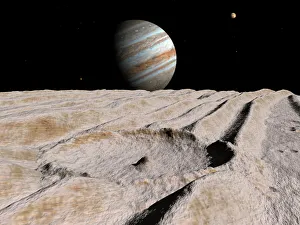 Artists concept of an impact crater on Jupiters moon Ganymede, with Jupiter Artists concept of an impact crater on Jupiters moon Ganymede, with Jupiter