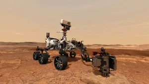 NASA Space Exploration Prints: Artist's concept of the Perseverance rover using its drill to core a rock sample on Mars