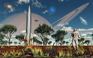 An astronaut discovers a world with an Earth type environment An astronaut discovers a world with an Earth type environment
