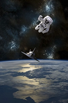 An astronaut drifting in space is rescued by a space shuttle orbiting Earth An astronaut drifting in space is rescued by a space shuttle orbiting Earth