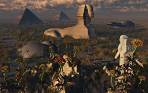 An astronaut explorer comes across familiar structures on an alien landscape An astronaut explorer comes across familiar structures on an alien landscape