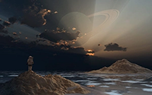 Space Exploration Artwork Prints: An astronaut exploring an alien moon that orbits a ringed planet