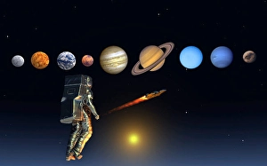 Solar System Exploration Prints: An astronaut exploring our solar system of planets using rocket technology
