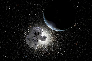 Astronaut floating in deep space with an Earth-like planet in background Astronaut floating in deep space with an Earth-like planet in background