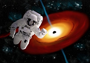 An astronaut floating in outer space as he is pulled towards a massive black hole An astronaut floating in outer space as he is pulled towards a massive black hole