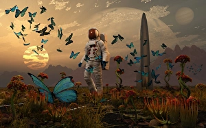 An astronaut is greeted by a swarm of butterflies on an alien world An astronaut is greeted by a swarm of butterflies on an alien world